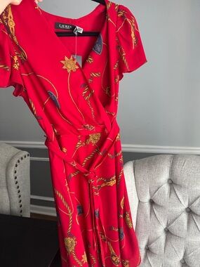 Lauren Ralph Lauren Red Midi Dress with Gold & Navy Chain Print